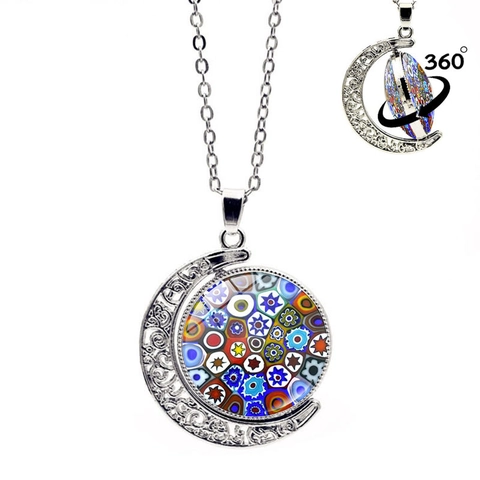 Rotating Moon Pendant Necklace Silver Plated Alloy Hollow Crescent Millefiori Glass Floral Pattern Jewelry For Women