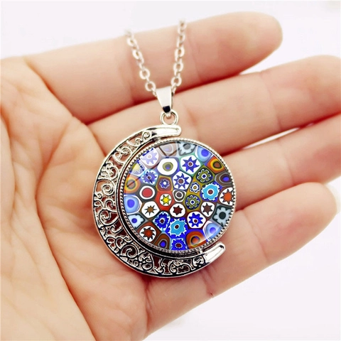 Rotating Moon Pendant Necklace Silver Plated Alloy Hollow Crescent Millefiori Glass Floral Pattern Jewelry For Women