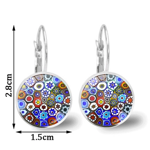 Vintage Millefiori Glass Round Leverback Earrings For Women Silver Plated Colorful Floral Mosaic Drop Earrings Bohemian Art Jewelry Gift