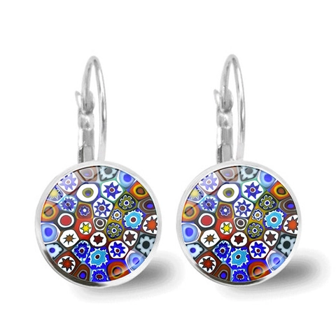 Vintage Millefiori Glass Round Leverback Earrings For Women Silver Plated Colorful Floral Mosaic Drop Earrings Bohemian Art Jewelry Gift