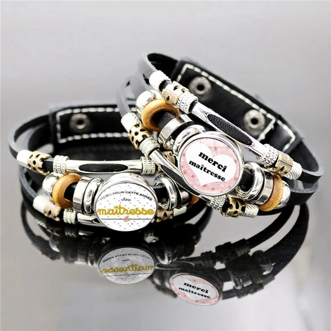Pulsera de Cuero Artificial de Múltiples Capas Hecha a Mano para Mujer con Cuentas de Aleación Acentos de Madera y Cabujón de Vidrio Joyería de Regalo para Maestros