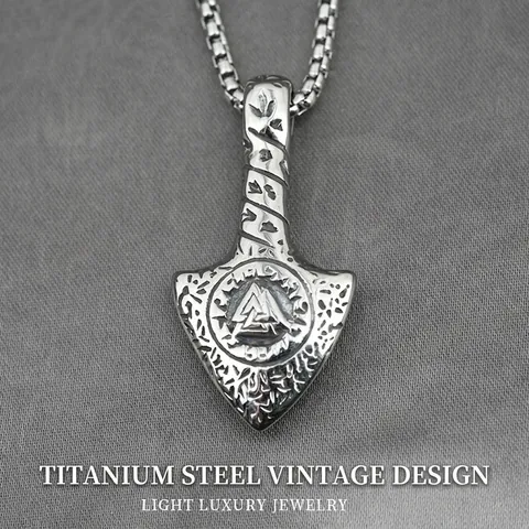 Vintage Nordische Wikinger Thor Hammer Axt Anhänger Halskette Titanstahl Keltische Valknut Runen Punk Hip Hop Schmuck Für Herren