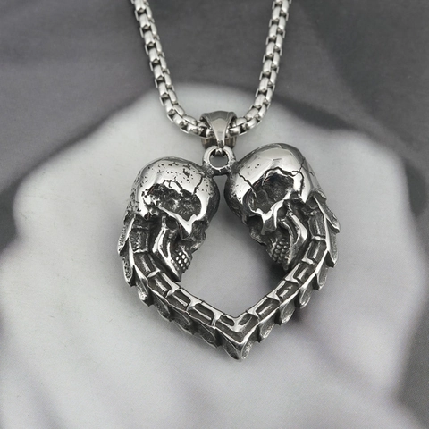 Gothic Punk Heart Skull Pendant Necklace Stainless Steel Antique Silver Distressed Jewelry Men Women Hip Hop Style Necklace