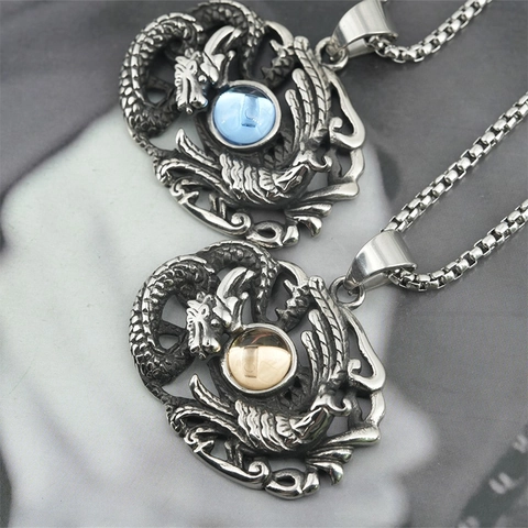 Collier Pendentif en Acier Inoxydable Dragon et Phénix Ajouré Argent Rétro Chaîne Box Verre Bleu Perle Dorée Bijoux Unisexe