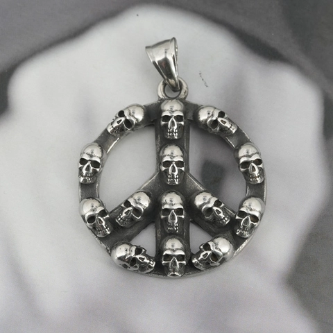 Vintage Titanium Steel Skull Peace Sign Pendant Necklace For Men Women Gothic Punk Hip Hop Jewelry Distressed Retro Accessory