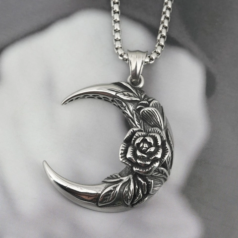 Vintage Edelstahl Halbmond Anhänger Halskette Geschnitzte Rose Blume Gothic Hip Hop Stil Schmuck Für Herren Damen