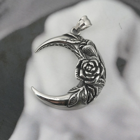 Vintage Edelstahl Halbmond Anhänger Halskette Geschnitzte Rose Blume Gothic Hip Hop Stil Schmuck Für Herren Damen