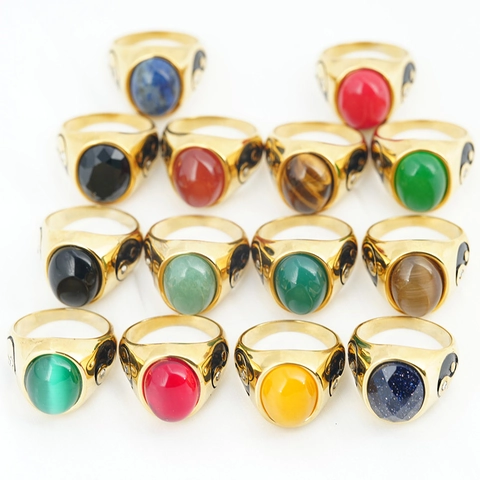 Vintage Yin Yang Tai Chi Stainless Steel Ring For Men Women Gold Plated Oval Gemstone Signet Fashion Jewelry Retro Finger Ring