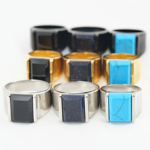 Vintage Stainless Steel Ring For Men Women Rectangle Turquoise Obsidian Blue Sandstone Inlay Signet Ring Fashion Jewelry