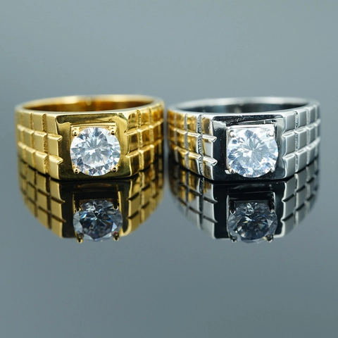 Anello in Acciaio al Titanio da Uomo Vintage con Zirconia Rotonda Incastonata Oro Argento Fascia a Griglia Quadrata per Matrimonio Banchetto Gioielli