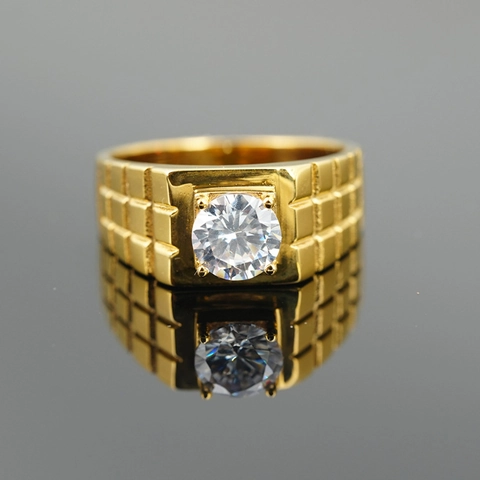 Anello in Acciaio al Titanio da Uomo Vintage con Zirconia Rotonda Incastonata Oro Argento Fascia a Griglia Quadrata per Matrimonio Banchetto Gioielli