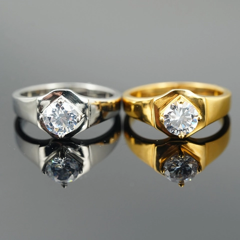 Classico Anello in Acciaio al Titanio Con Zirconia Rotonda per Uomo Donna Vintage Esagonale Geometrico a Fascia Larga Gioielli per Matrimonio Coppia