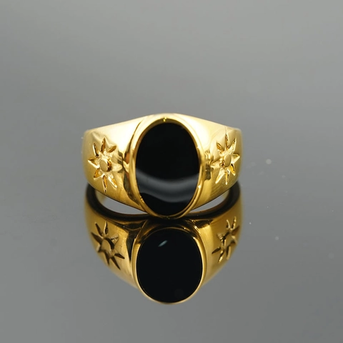 Anello con Sigillo da Uomo Vintage in Acciaio Inossidabile con Pietra Agata Nera Intarsiata Motivo Stella Retro Placcato Oro Argento Gioielli Punk
