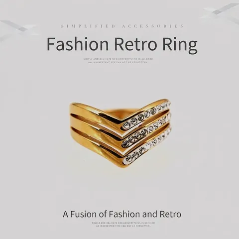 Elegante Anello in Acciaio al Titanio Dorato a Forma di V Con Strass per Donna Uomo Moda Minimalista Tripla Fila Intarsiato Gioielli
