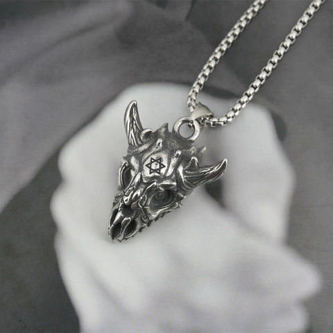 Titanium Steel Retro Gothic Skull Hexagram Monster Pendant Necklace For Men Women Antique Silver Punk Hip Hop Jewelry Gift