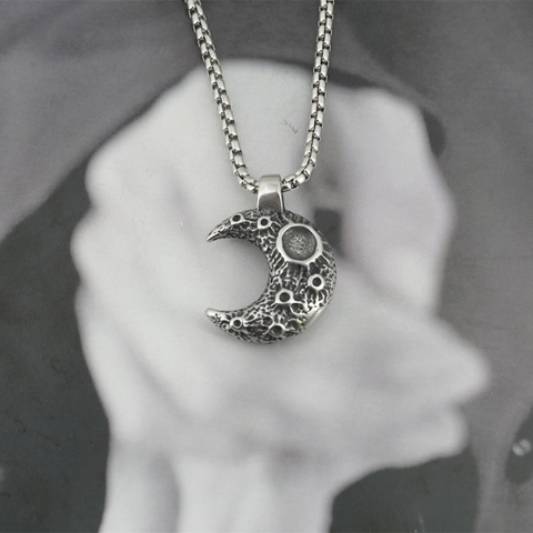 Vintage Moon Surface Texture Pendant Necklace Titanium Steel Hip Hop Lunar Crater Moon Crescent Jewelry For Men Women