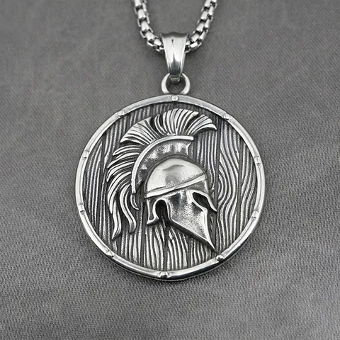 Collana con Pendente Elmo Guerriero Spartano Retrò per Uomo Acciaio al Titanio Argento Antico Scudo Greco Medaglione Rotondo Vichingo Celtico Gioielli Hip Hop Regalo
