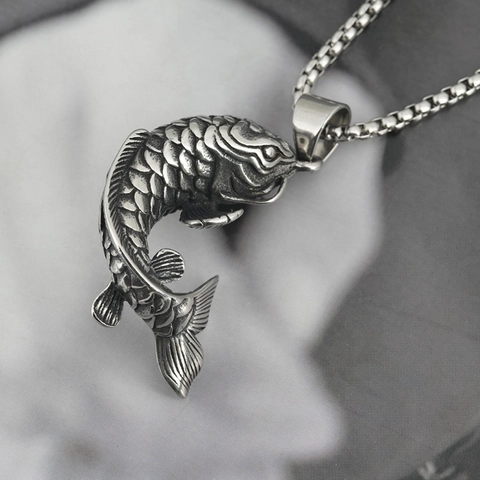 Vintage Titanium Steel Koi Fish Pendant Necklace For Men Women Carved Scale Hip Hop Jewelry Necklace With Box Chain