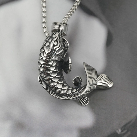 Vintage Titanium Steel Koi Fish Pendant Necklace For Men Women Carved Scale Hip Hop Jewelry Necklace With Box Chain