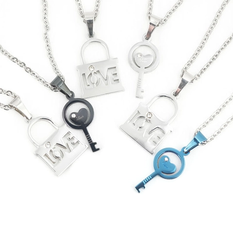 Stainless Steel Couple Key Lock Pendant Necklace For Men Women Love Heart Rhinestone Charm Jewelry Valentine Gift