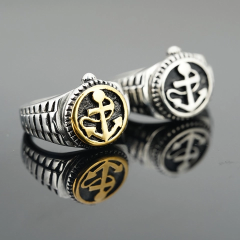 Vintage Stainless Steel Ship Anchor Signet Ring For Men Nautical Punk Style Gold Silver Color Band Jewelry Gift For Boyfriend