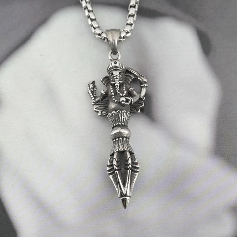 Vintage Titanium Steel Ganesha Vajra Phurba Pendant Necklace For Men Retro Punk Religious Ethnic Style Jewelry Accessory