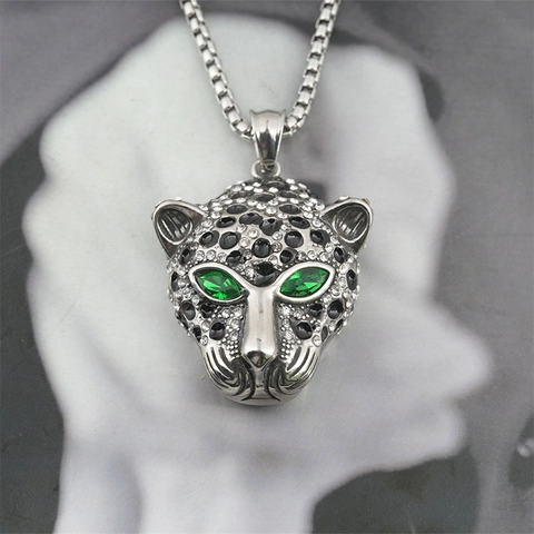 Mode Roestvrij Staal Luipaardhoofd Hanger Halsketting Voor Heren Dames Ingelegde Strass Dier Trui Ketting Sieraden Zilver