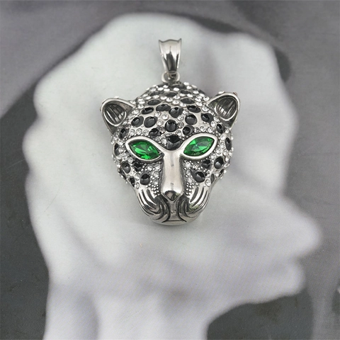Mode Roestvrij Staal Luipaardhoofd Hanger Halsketting Voor Heren Dames Ingelegde Strass Dier Trui Ketting Sieraden Zilver
