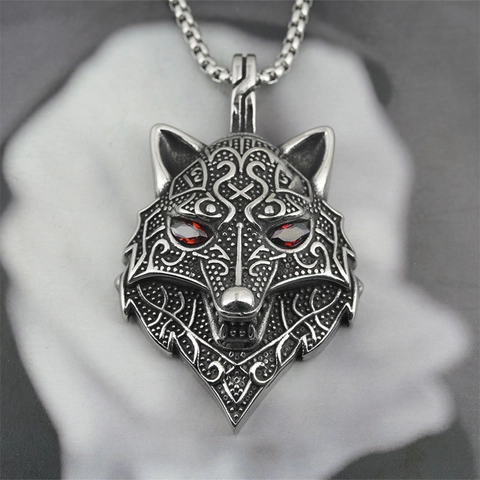 Viking Wolf Head Pendant Necklace Titanium Steel Red Eye Animal Carved Gothic Punk Rune Jewelry For Men Cool Biker Charm