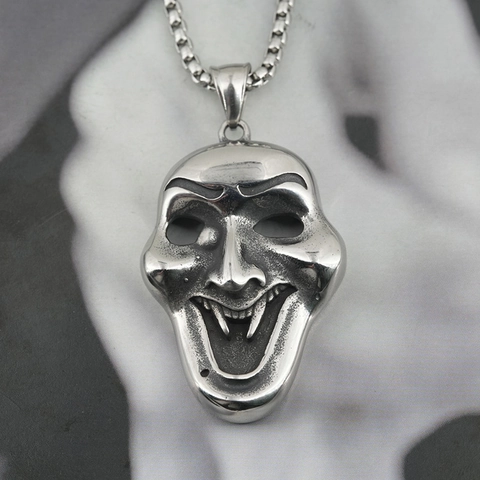 Hip Hop Horror Mask Pendant Necklace Gothic Titanium Steel Distressed Evil Smile Grin Jewelry For Halloween Party Men Women