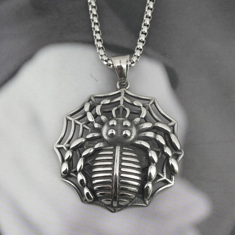 Collana con Ciondolo a Ragnatela Gotica Vintage Acciaio al Titanio Inossidabile Punk Hip Hop Gioielli Halloween Uomo Donna