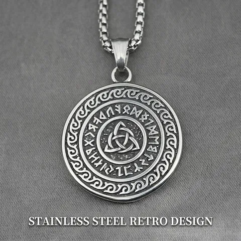 Viking Valknut Rune Pendant Necklace Vintage Stainless Steel Celtic Knot Round Medallion For Men Domineering Hip Hop Jewelry