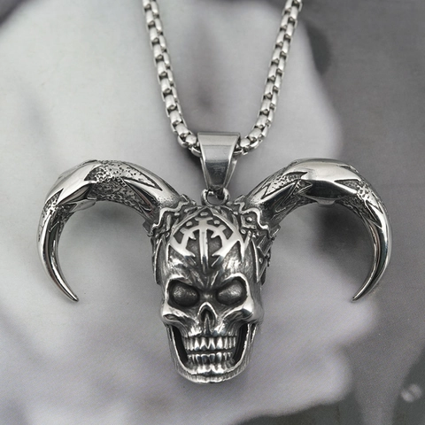 Collana con Ciondolo a Teschio di Ariete Gotico Punk Retro in Acciaio al Titanio Uomo Argento Antico Gioielli Biker