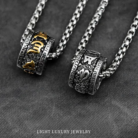 Retro Stainless Steel Six-Syllable Mantra Cylinder Pendant Necklace For Men Women Hip Hop Religious Lucky Bead Jewelry Gift