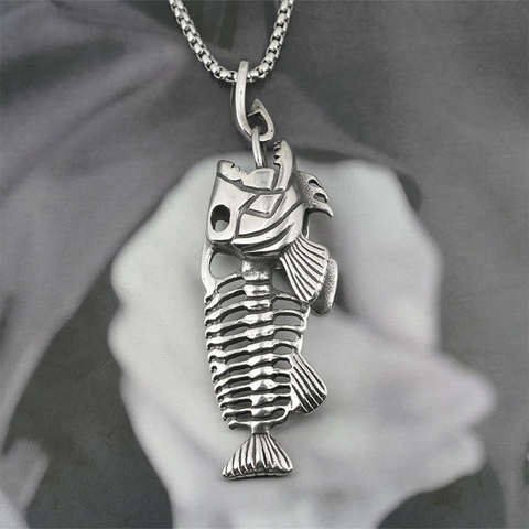 Men Gothic Punk Fish Skeleton Pendant Necklace Vintage Titanium Stainless Steel Bone Chain Necklace Hip Hop Jewelry For Boys