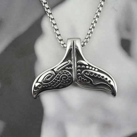 Whale Tail Pendant Necklace Titanium Steel Tribal Maori Carving Retro Silver Hip Hop Box Chain Jewelry For Men Women
