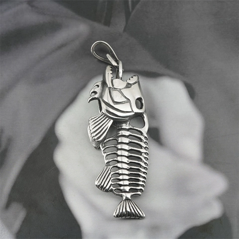 Men Gothic Punk Fish Skeleton Pendant Necklace Vintage Titanium Stainless Steel Bone Chain Necklace Hip Hop Jewelry For Boys