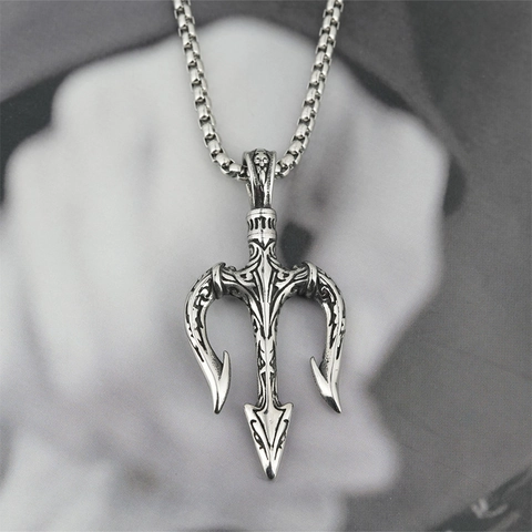 Collana con Ciondolo Tridente di Poseidone Vichingo Retro per Uomo Donna Hip Hop Acciaio al Titanio Punk Gotico Gioielli