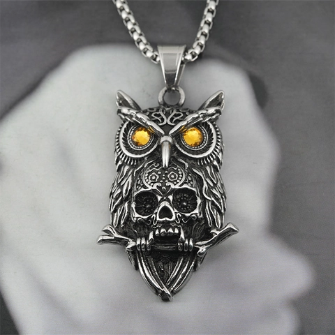 Gothic Owl Skull Pendant Necklace Titanium Steel Retro Silver Rhinestone Eyes Owl Pendant Punk Jewelry For Men Women
