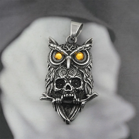 Gothic Owl Skull Pendant Necklace Titanium Steel Retro Silver Rhinestone Eyes Owl Pendant Punk Jewelry For Men Women
