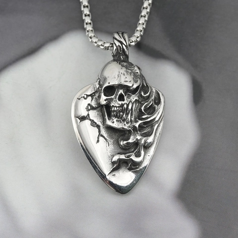 Gothic Skull Guitar Pick Pendant Necklace For Men Vintage Stainless Steel Punk Rock Box Chain Hip Hop Jewelry