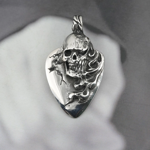 Gothic Skull Guitar Pick Pendant Necklace For Men Vintage Stainless Steel Punk Rock Box Chain Hip Hop Jewelry