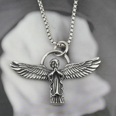 Vintage Stainless Steel Praying Angel Wings Pendant Necklace For Men Women Hip Hop Distressed Finish Religious Punk Jewelry