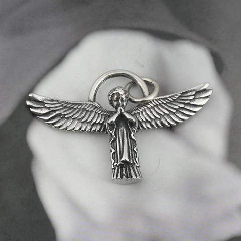 Vintage Stainless Steel Praying Angel Wings Pendant Necklace For Men Women Hip Hop Distressed Finish Religious Punk Jewelry