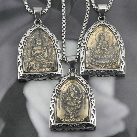 Vintage Thai Buddha Ganesha Guanyin Amulet Pendant Necklace Stainless Steel Two Tone Religious Jewelry For Men Women