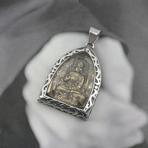 Vintage Thai Buddha Ganesha Guanyin Amulet Pendant Necklace Stainless Steel Two Tone Religious Jewelry For Men Women