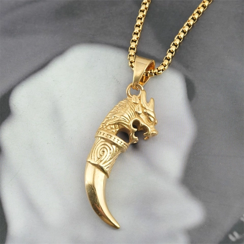 Collar con Colgante de Cabeza de Dragón y Diente de Lobo de Acero de Titanio Vintage Joyería de Estilo Hip Hop Punk para Hombre Mujer