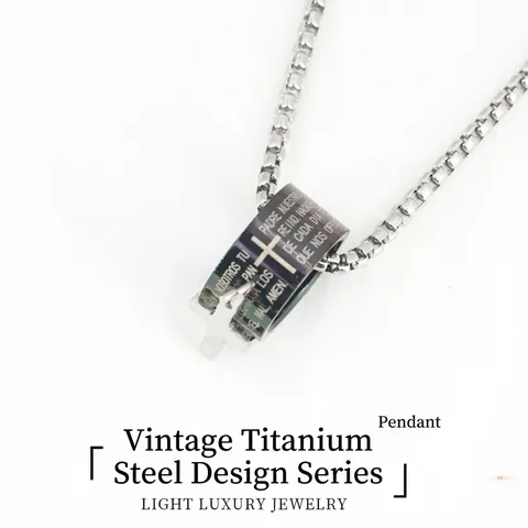 Titaniumstaal Spaans Onze Vader Geschrift Ring Kruis Hanger Halsketting Voor Mannen Religieuze Mode Box Ketting Sieraden