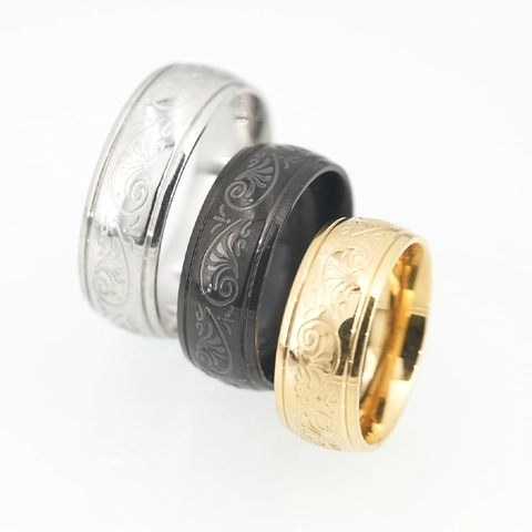 Anello a Fascia Vintage con Incisione Floreale a Vite per Uomo Donna in Acciaio al Titanio con Motivo a Volute Gioielli Oro Argento Nero