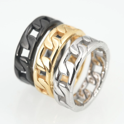 Trendy Men Titanium Steel Cuban Link Chain Ring Hollow Industrial Punk Style Gold Silver Black Band Ring Jewelry Gift